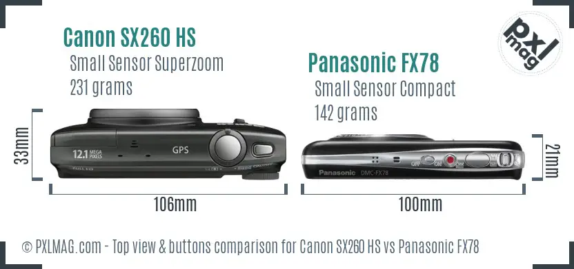 Canon SX260 HS vs Panasonic FX78 top view buttons comparison