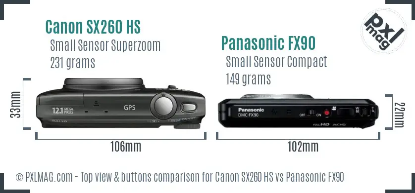 Canon SX260 HS vs Panasonic FX90 top view buttons comparison