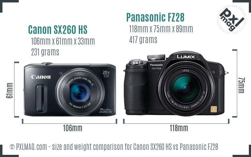 Canon SX260 HS vs Panasonic FZ28 size comparison