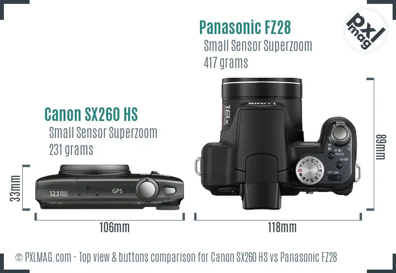 Canon SX260 HS vs Panasonic FZ28 top view buttons comparison