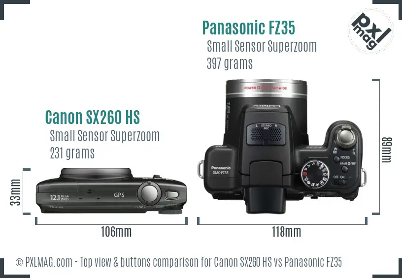 Canon SX260 HS vs Panasonic FZ35 top view buttons comparison Canon SX260 HS vs Panasonic FZ35 top view buttons comparison