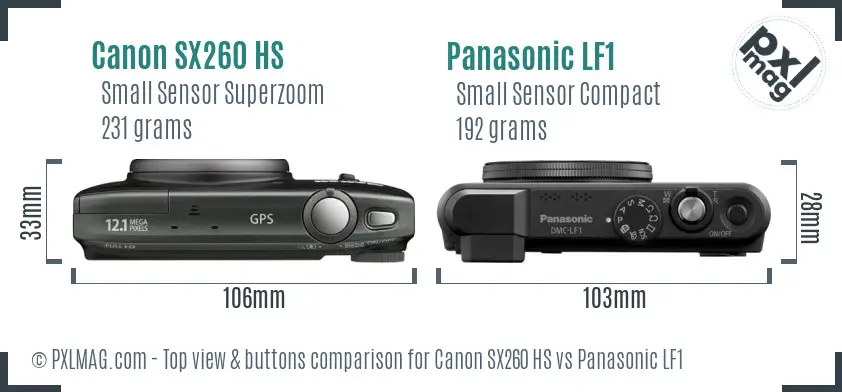 Canon SX260 HS vs Panasonic LF1 top view buttons comparison
