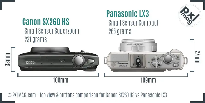 Canon SX260 HS vs Panasonic LX3 top view buttons comparison