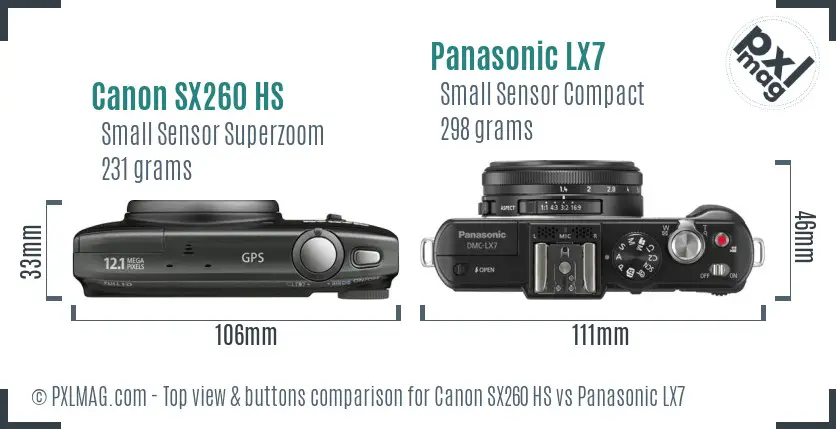 Canon SX260 HS vs Panasonic LX7 top view buttons comparison