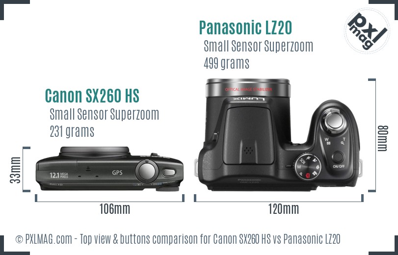 Canon SX260 HS vs Panasonic LZ20 top view buttons comparison