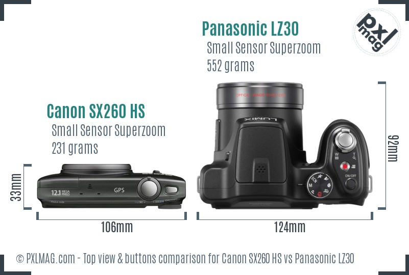 Canon SX260 HS vs Panasonic LZ30 top view buttons comparison