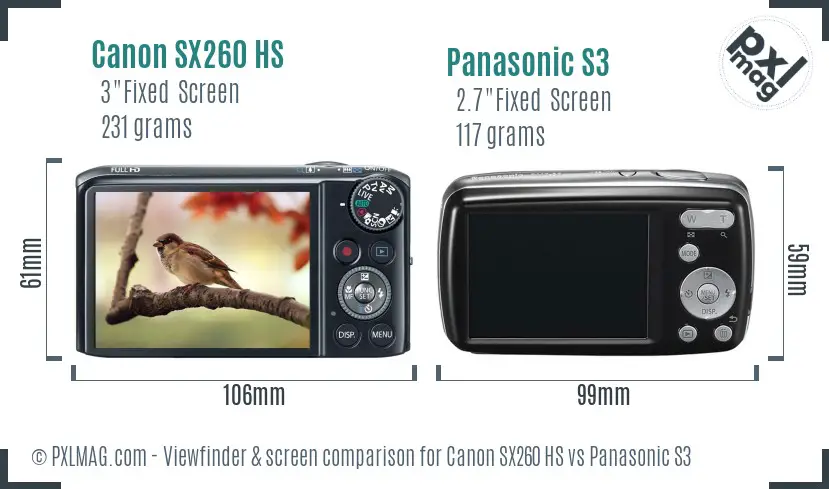 Canon SX260 HS vs Panasonic S3 Screen and Viewfinder comparison