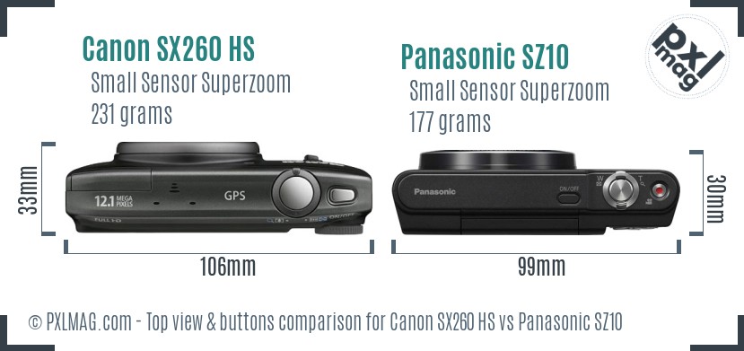Canon SX260 HS vs Panasonic SZ10 top view buttons comparison