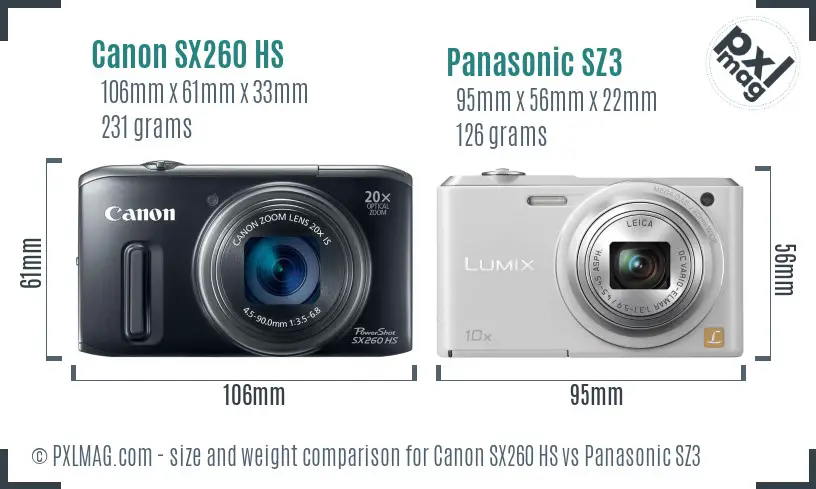 Canon SX260 HS vs Panasonic SZ3 size comparison