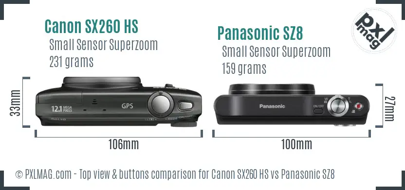 Canon SX260 HS vs Panasonic SZ8 top view buttons comparison Canon SX260 HS vs Panasonic SZ8 top view buttons comparison