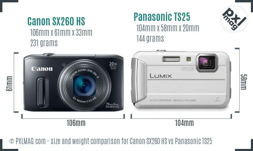 Canon SX260 HS vs Panasonic TS25 size comparison