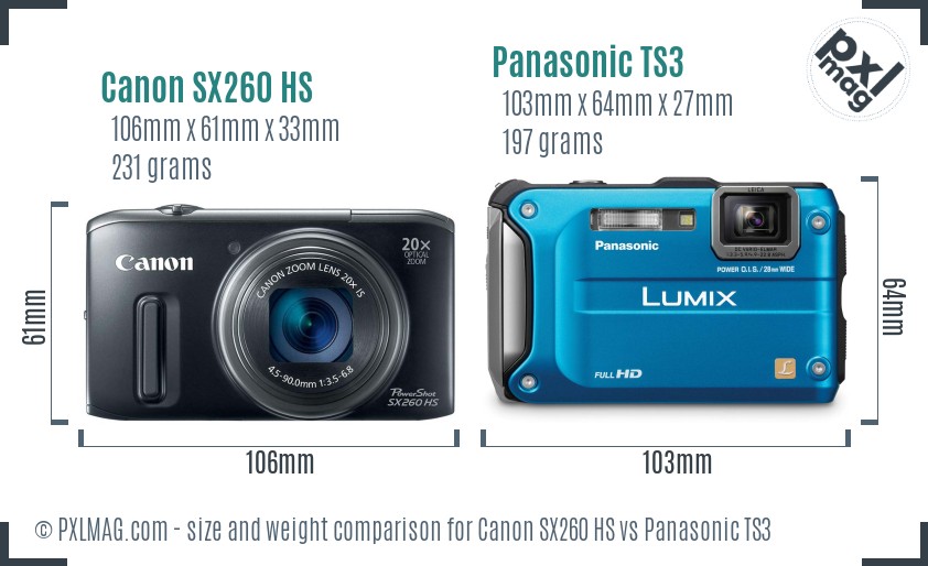 Canon SX260 HS vs Panasonic TS3 size comparison
