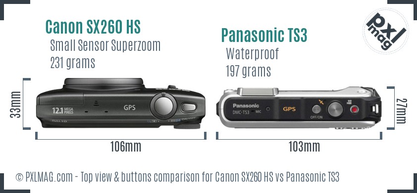 Canon SX260 HS vs Panasonic TS3 top view buttons comparison