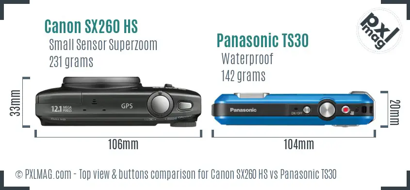 Canon SX260 HS vs Panasonic TS30 top view buttons comparison