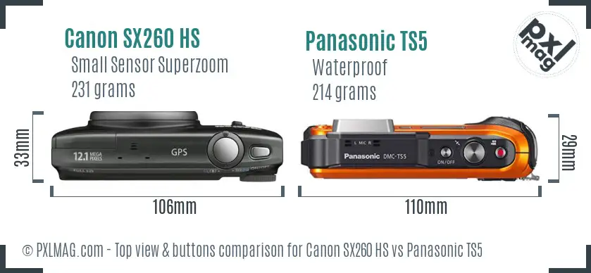 Canon SX260 HS vs Panasonic TS5 top view buttons comparison