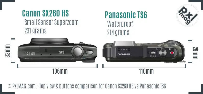 Canon SX260 HS vs Panasonic TS6 top view buttons comparison