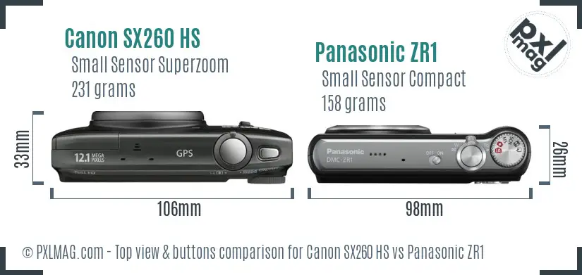 Canon SX260 HS vs Panasonic ZR1 top view buttons comparison