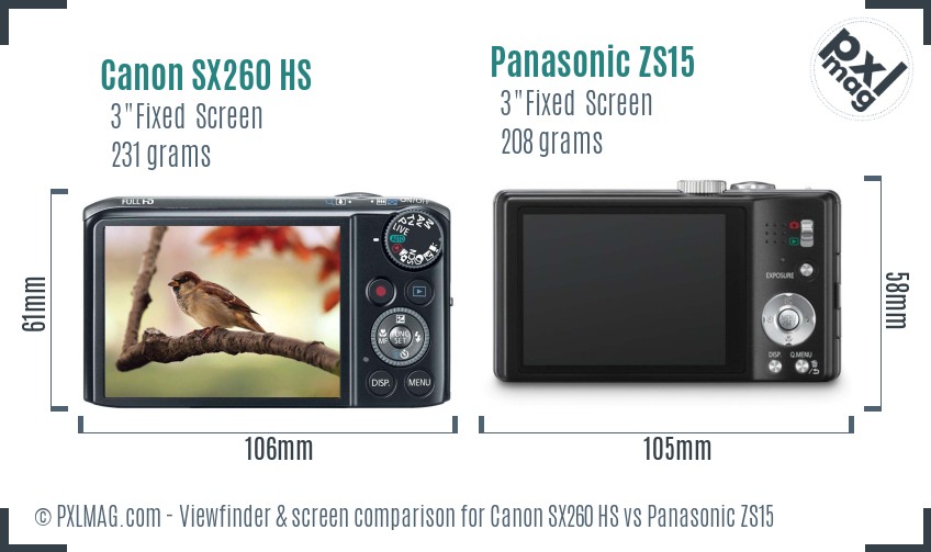 Canon SX260 HS vs Panasonic ZS15 Screen and Viewfinder comparison