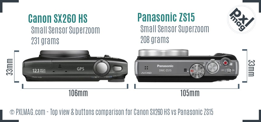 Canon SX260 HS vs Panasonic ZS15 top view buttons comparison