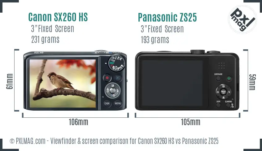 Canon SX260 HS vs Panasonic ZS25 Screen and Viewfinder comparison