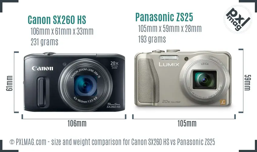 Canon SX260 HS vs Panasonic ZS25 size comparison
