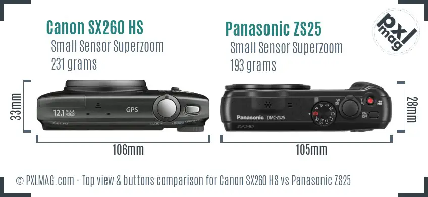 Canon SX260 HS vs Panasonic ZS25 top view buttons comparison