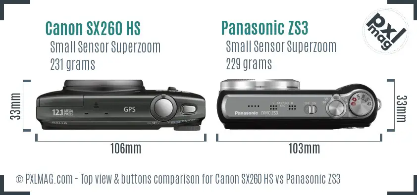 Canon SX260 HS vs Panasonic ZS3 top view buttons comparison Canon SX260 HS vs Panasonic ZS3 top view buttons comparison