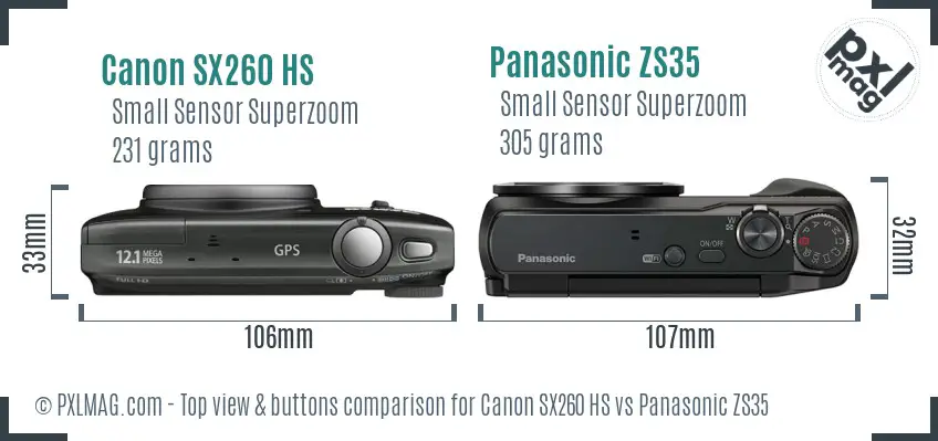 Canon SX260 HS vs Panasonic ZS35 top view buttons comparison Canon SX260 HS vs Panasonic ZS35 top view buttons comparison