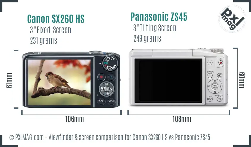 Canon SX260 HS vs Panasonic ZS45 Screen and Viewfinder comparison