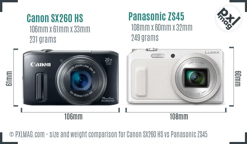 Canon SX260 HS vs Panasonic ZS45 size comparison