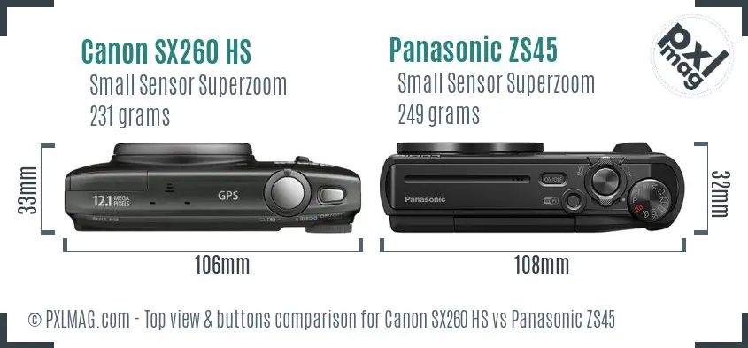 Canon SX260 HS vs Panasonic ZS45 top view buttons comparison