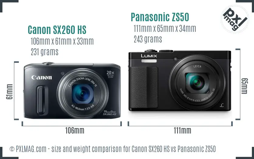 Canon SX260 HS vs Panasonic ZS50 size comparison