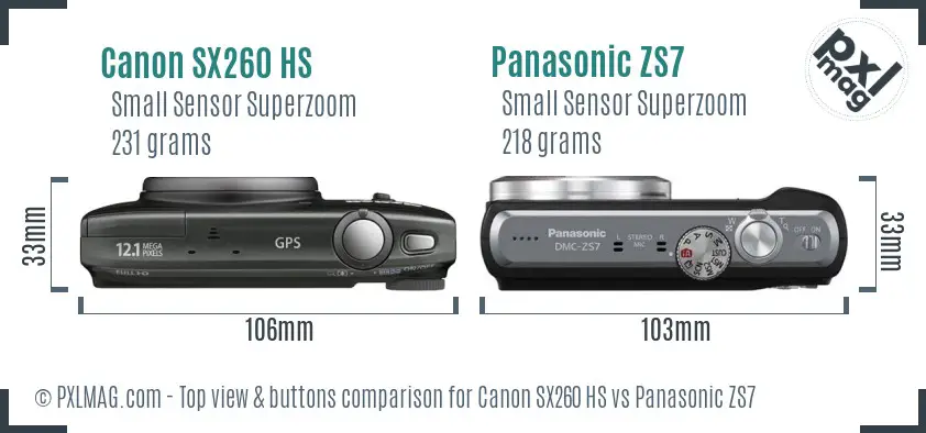 Canon SX260 HS vs Panasonic ZS7 top view buttons comparison