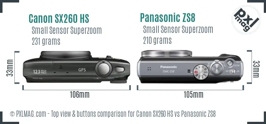 Canon SX260 HS vs Panasonic ZS8 top view buttons comparison Canon SX260 HS vs Panasonic ZS8 top view buttons comparison