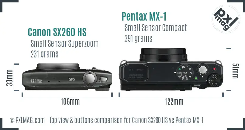 Canon SX260 HS vs Pentax MX-1 top view buttons comparison