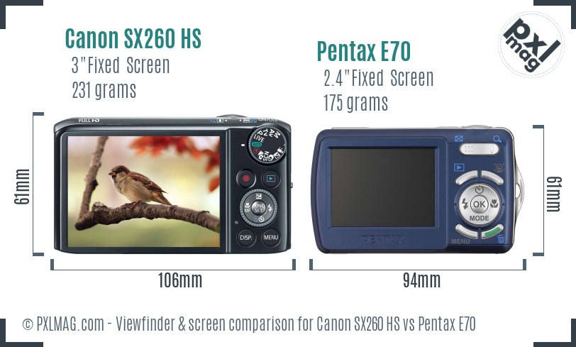 Canon SX260 HS vs Pentax E70 Screen and Viewfinder comparison