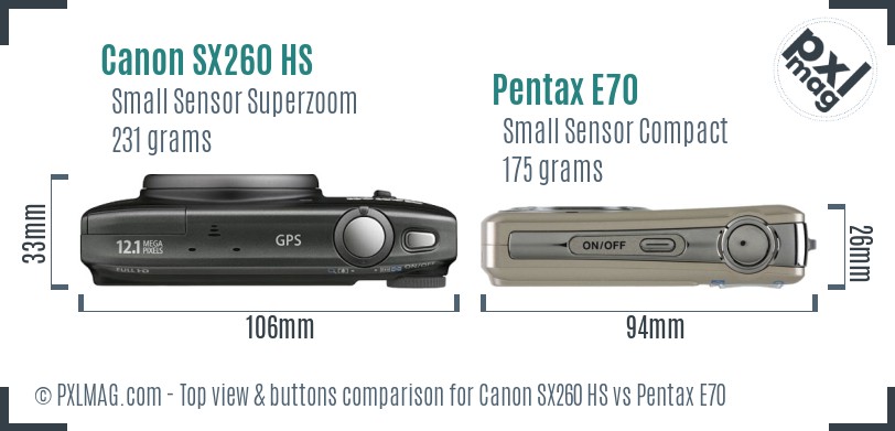 Canon SX260 HS vs Pentax E70 top view buttons comparison