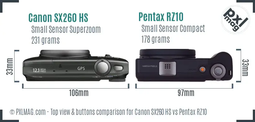 Canon SX260 HS vs Pentax RZ10 top view buttons comparison