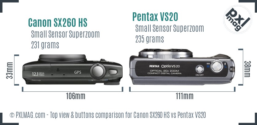 Canon SX260 HS vs Pentax VS20 top view buttons comparison