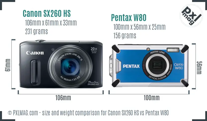 Canon SX260 HS vs Pentax W80 size comparison