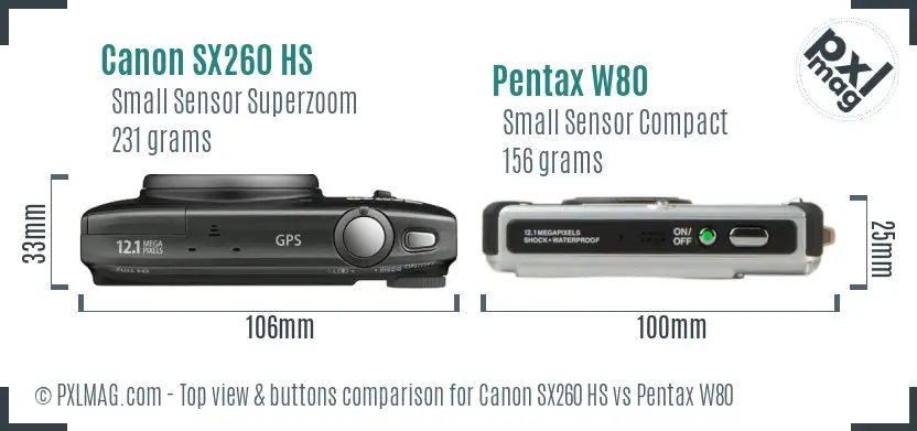 Canon SX260 HS vs Pentax W80 top view buttons comparison