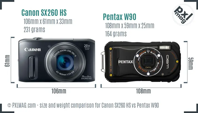 Canon SX260 HS vs Pentax W90 size comparison