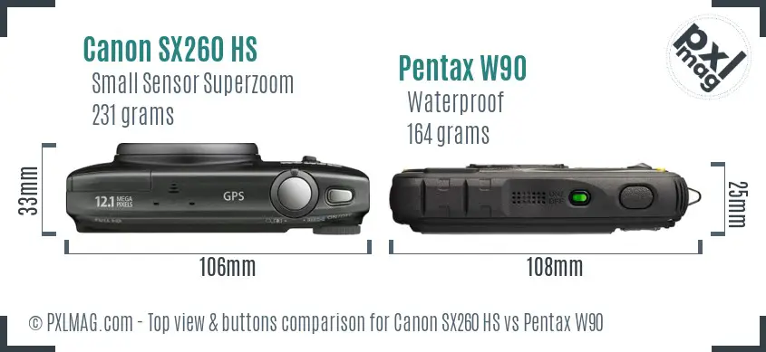 Canon SX260 HS vs Pentax W90 top view buttons comparison