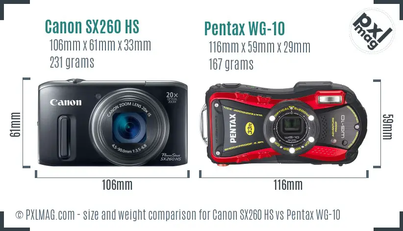 Canon SX260 HS vs Pentax WG-10 size comparison