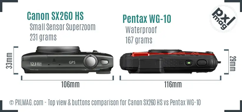 Canon SX260 HS vs Pentax WG-10 top view buttons comparison