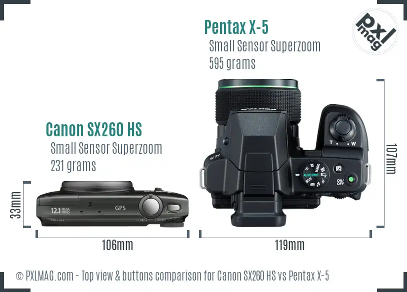 Canon SX260 HS vs Pentax X-5 top view buttons comparison