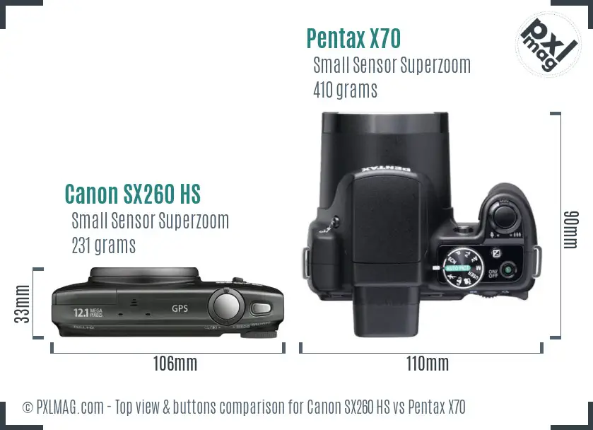 Canon SX260 HS vs Pentax X70 top view buttons comparison