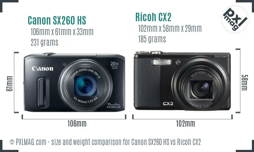 Canon SX260 HS vs Ricoh CX2 size comparison