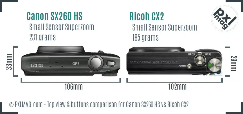 Canon SX260 HS vs Ricoh CX2 top view buttons comparison