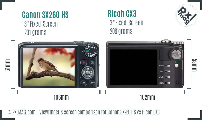 Canon SX260 HS vs Ricoh CX3 Screen and Viewfinder comparison